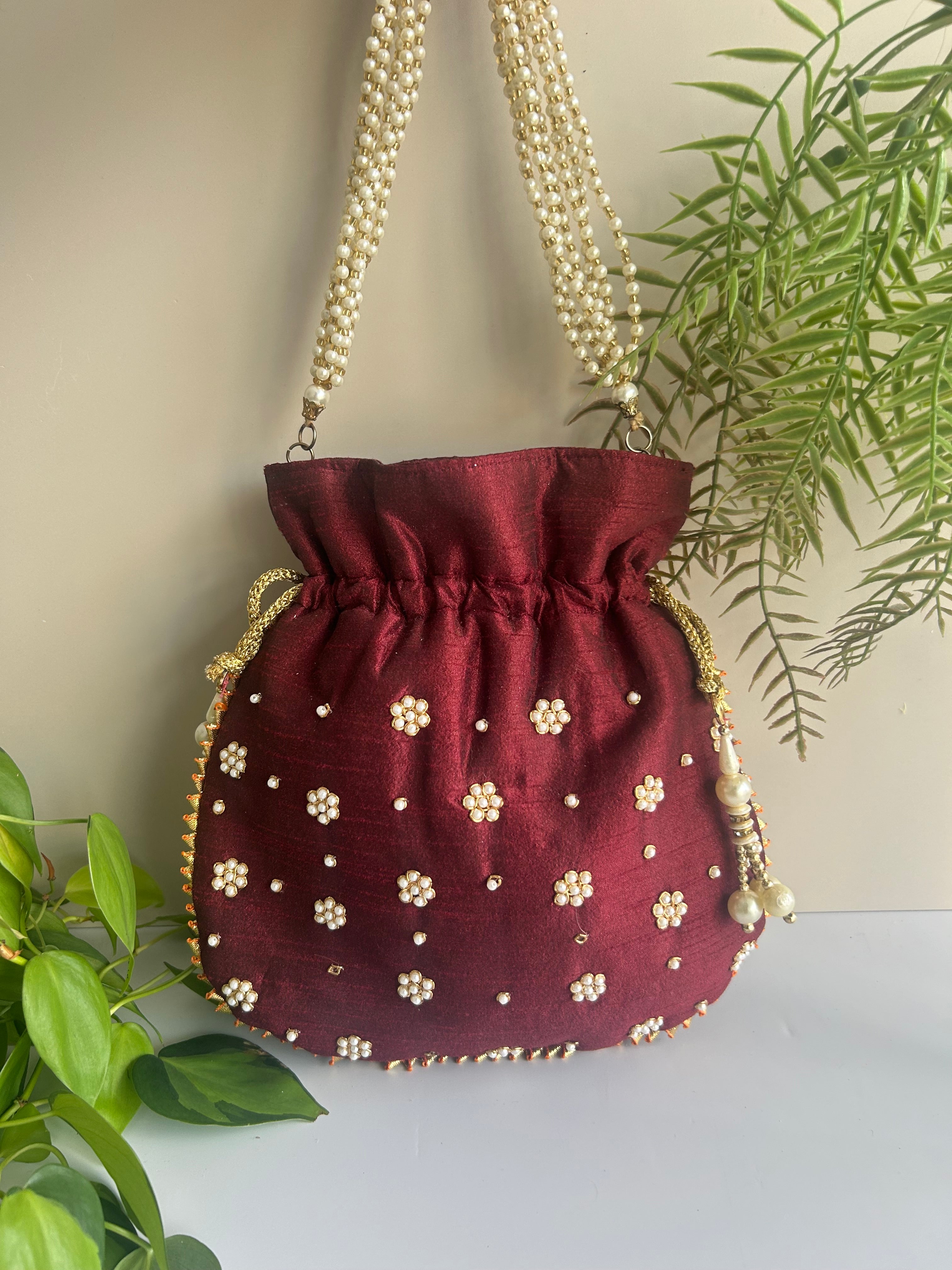Maroon Pearl Potli Bag
