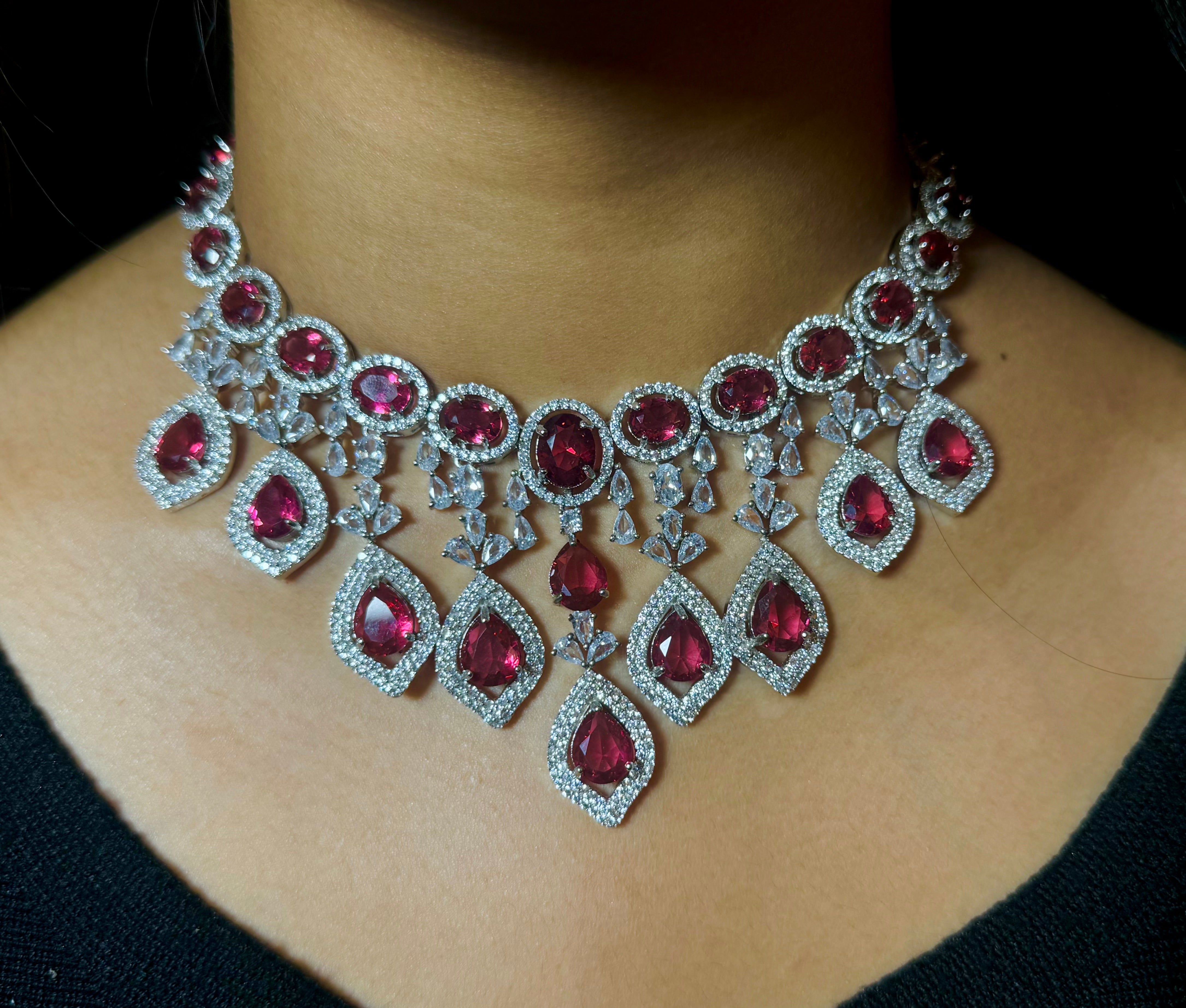Festive Essentials - Bani CZ silver bridal necklace and earring set with cubic zirconia stones