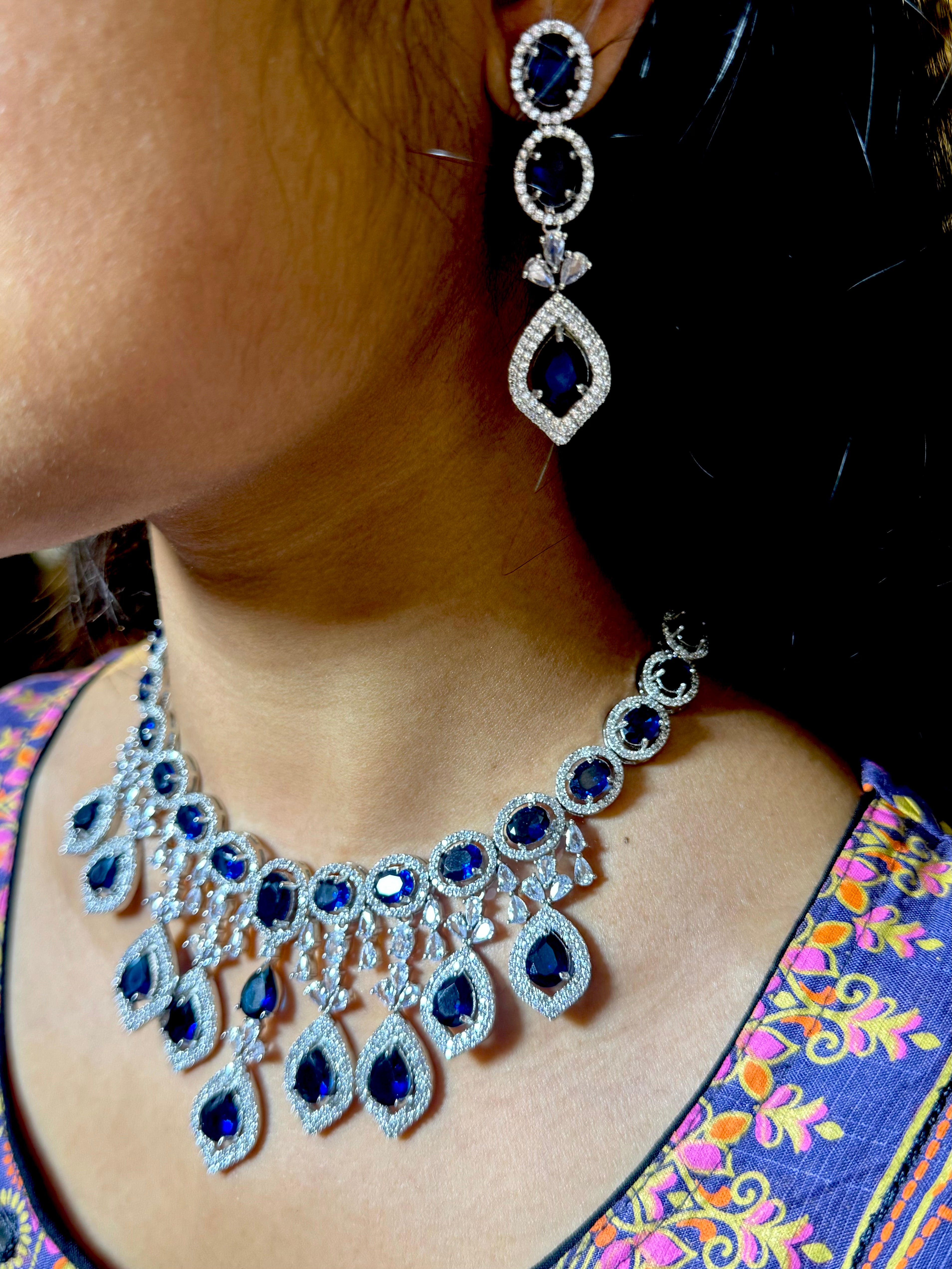 Festive Essentials - Bani CZ silver bridal necklace and earring set with cubic zirconia stones