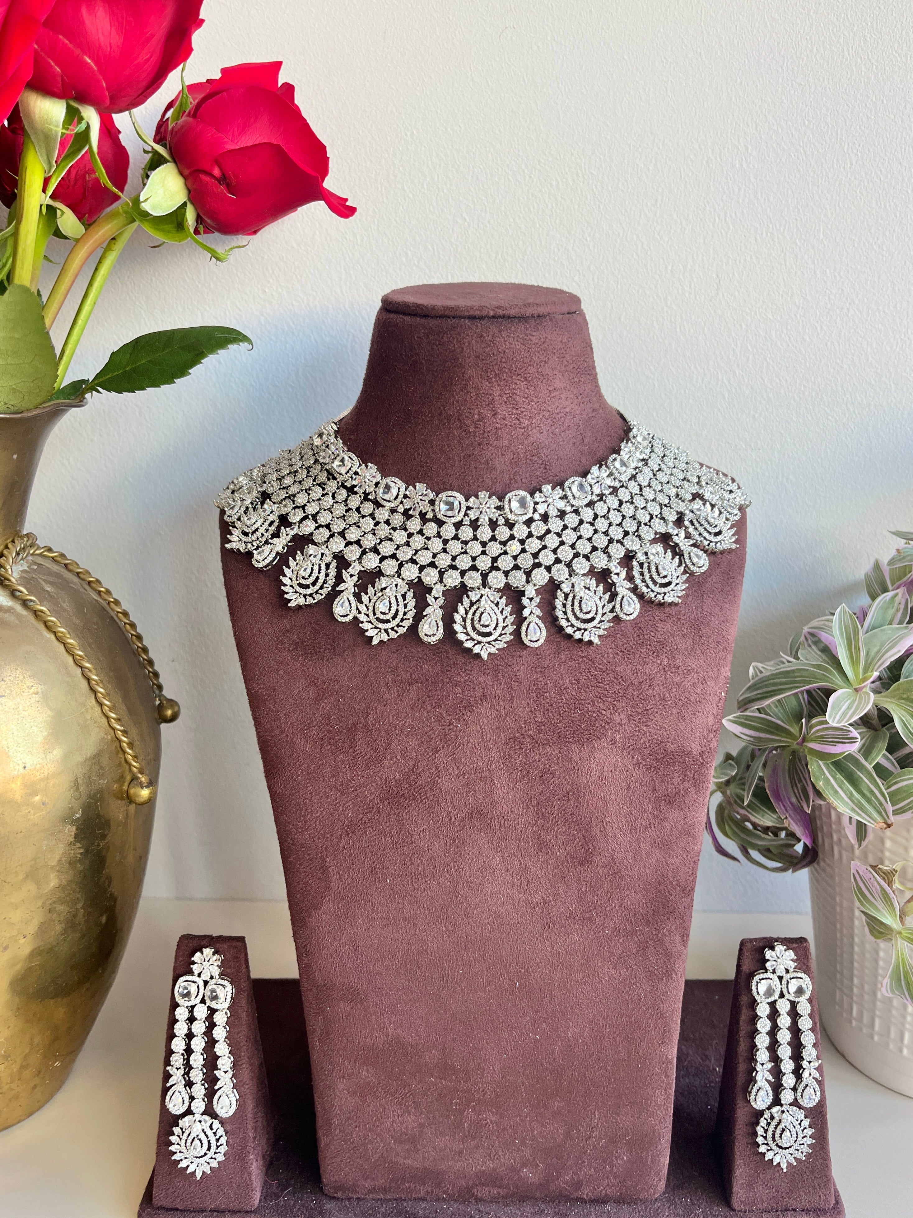 Festive Essentials - Brita CZ silver bridal necklace and earring set with cubic zirconia stones