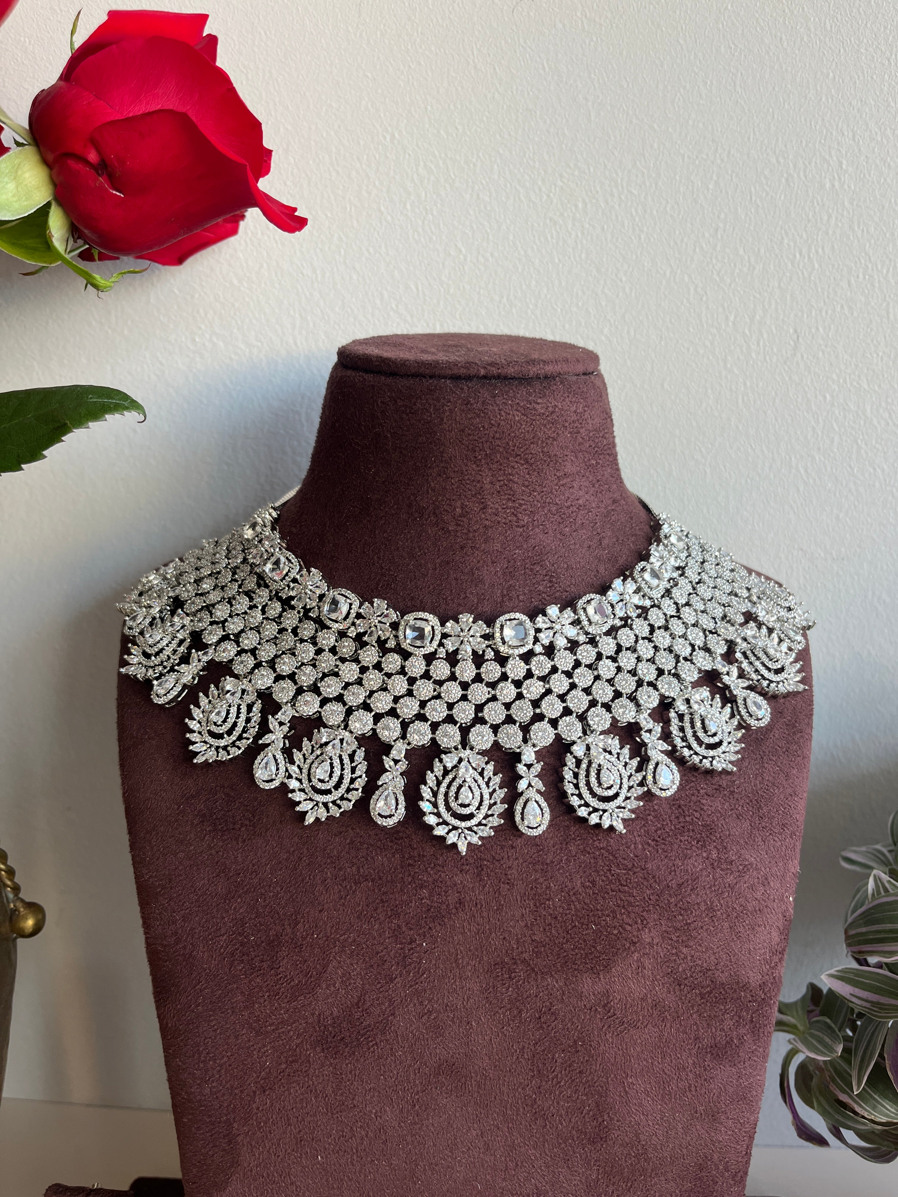 Festive Essentials - Brita CZ silver bridal necklace and earring set with cubic zirconia stones