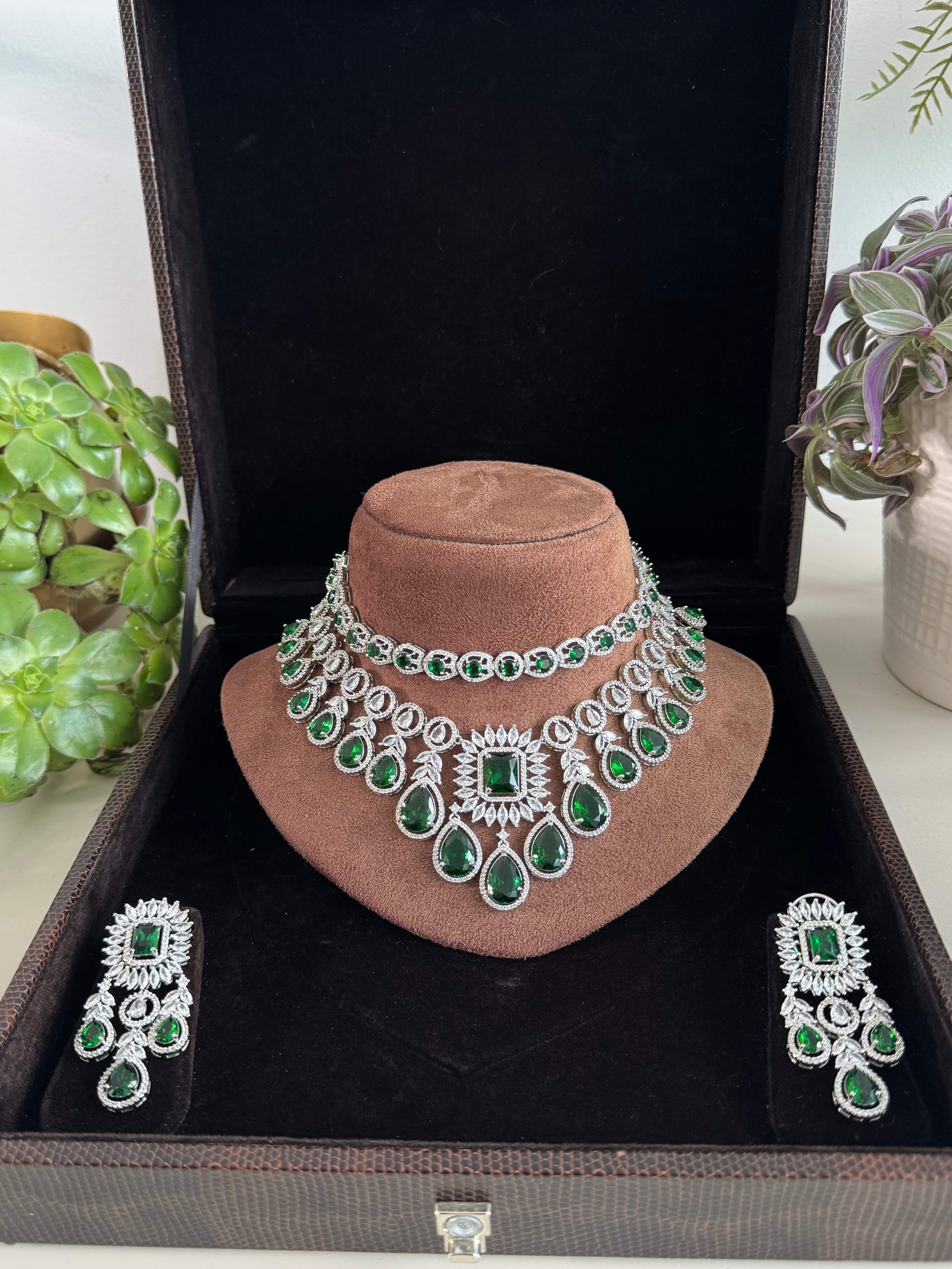 Festive Essentials - Deety Set CZ silver bridal necklace and earring set with cubic zirconia stones