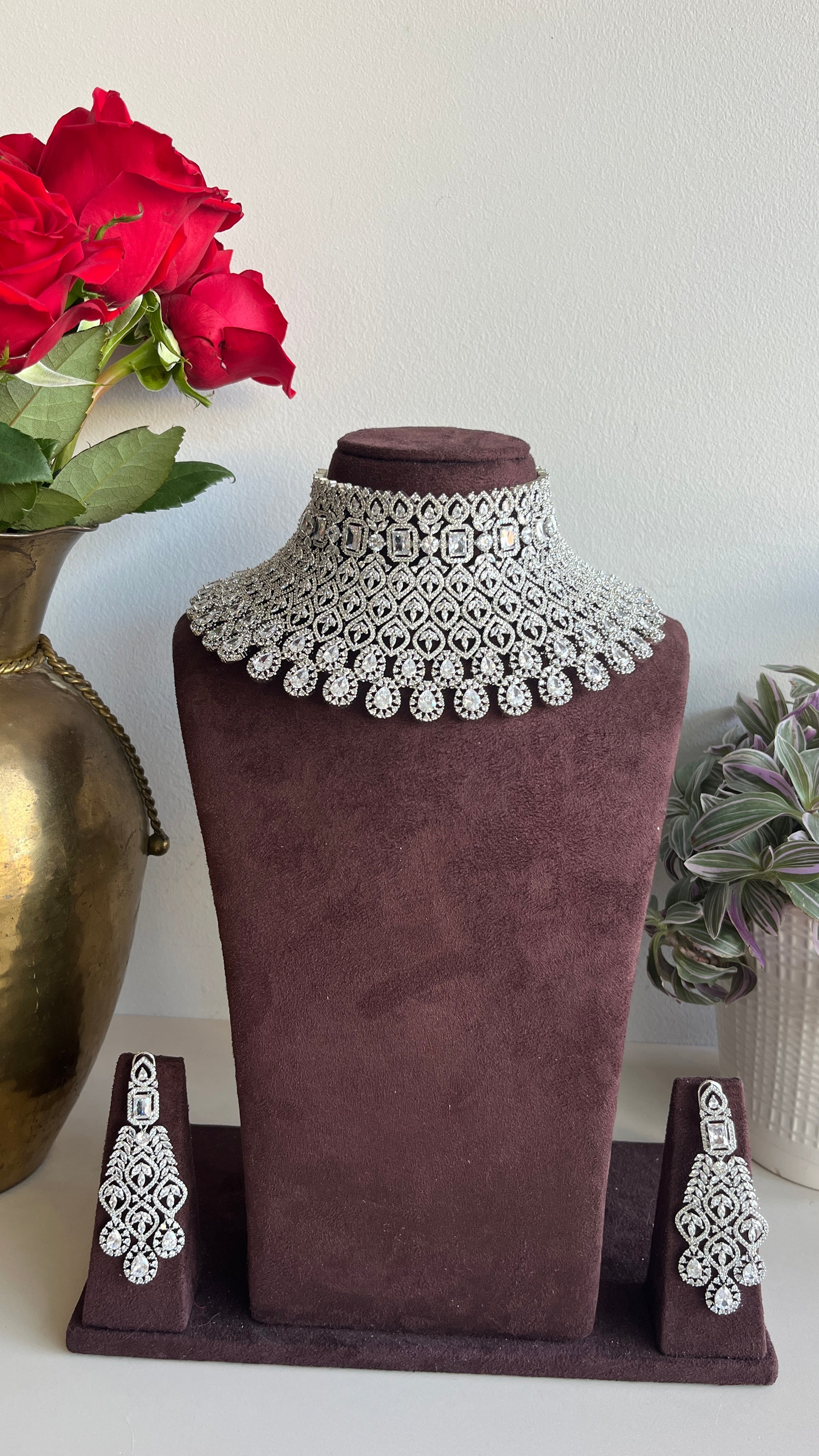 Festive Essentials - Mirla CZ silver bridal necklace and earring set with cubic zirconia stones