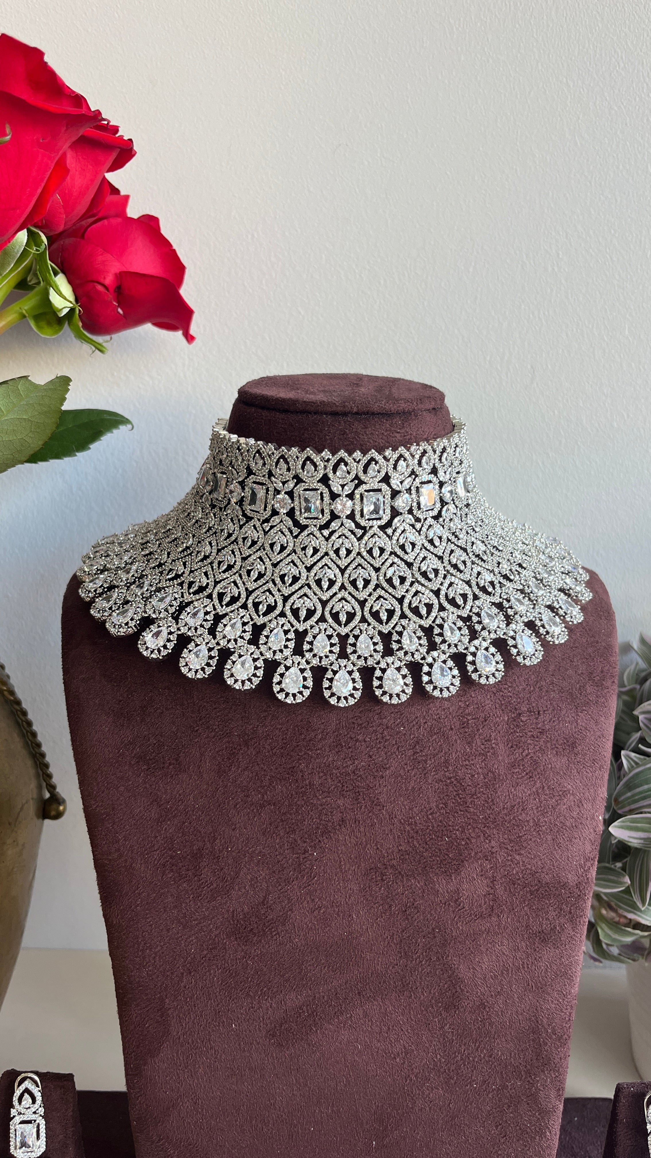 Festive Essentials - Mirla CZ silver bridal necklace and earring set with cubic zirconia stones