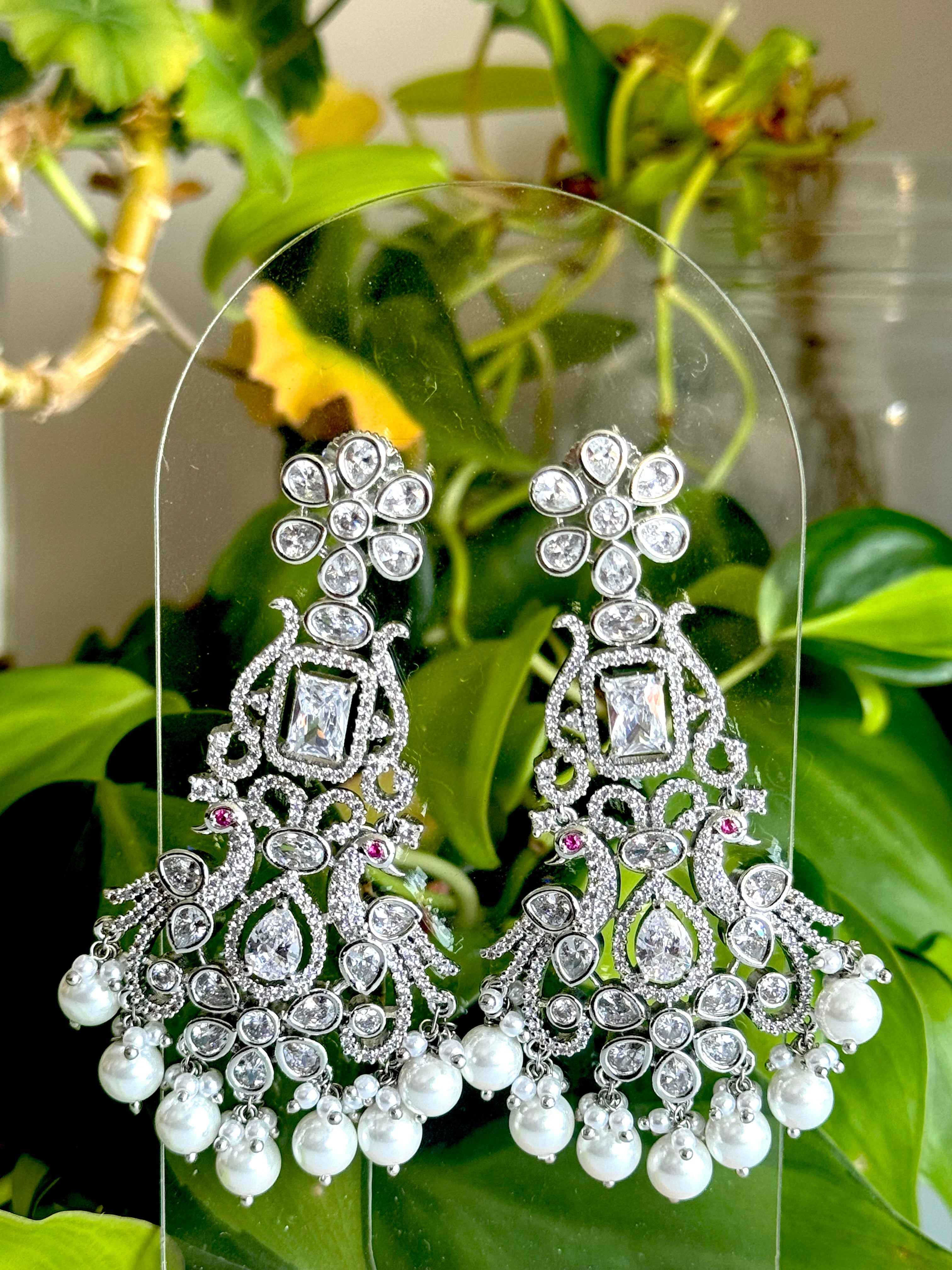 Festive Essentials - Rozana Set CZ silver bridal necklace and earring set with cubic zirconia stones