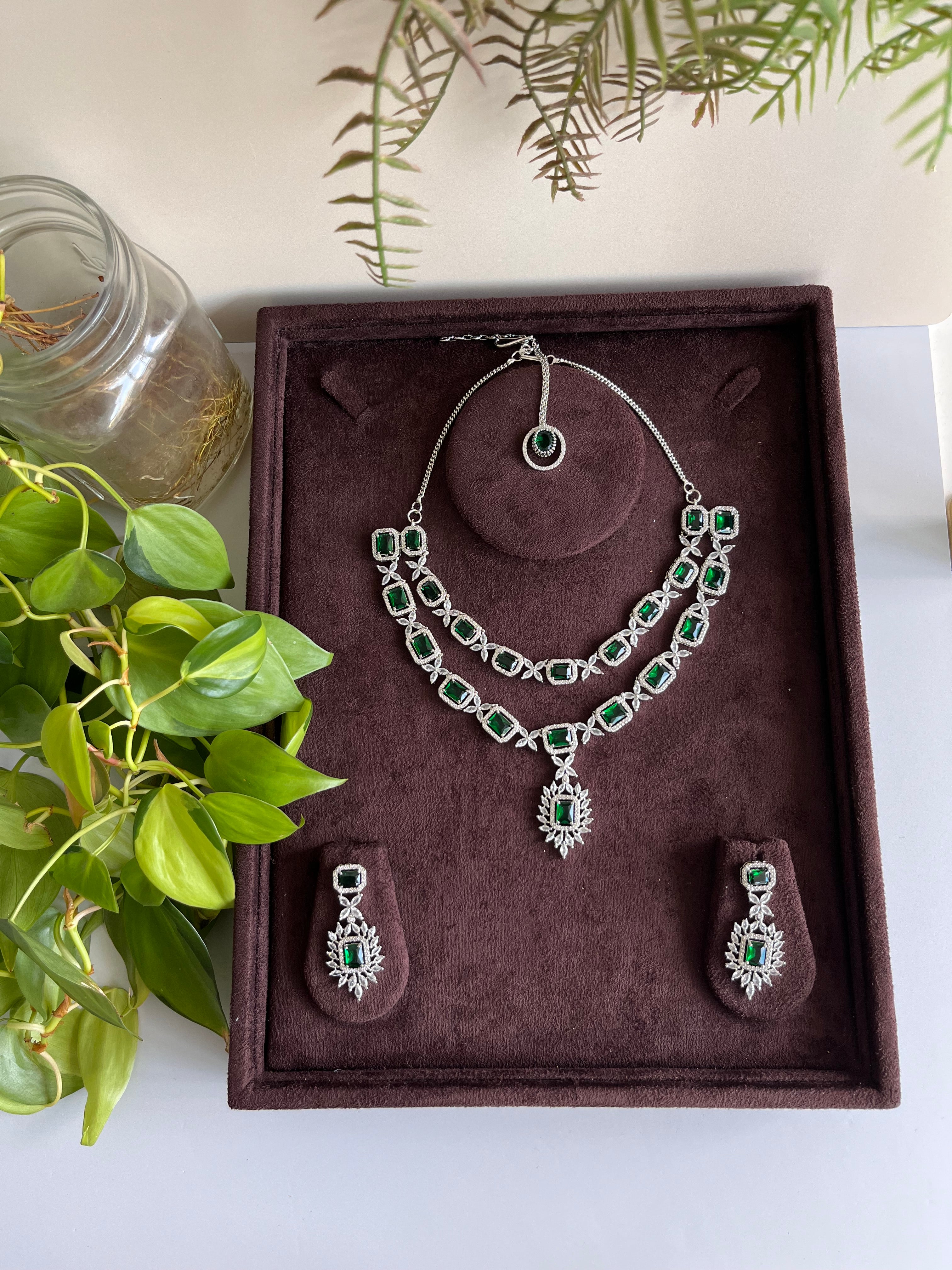 Festive Essentials - Yatri Set CZ silver bridal necklace and earring set with cubic zirconia stones