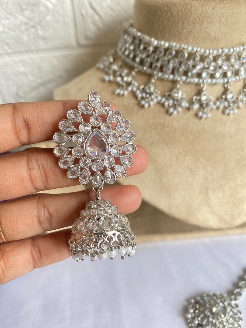 Earring Closeup - Silver with White Beads and Clear Stone - Zaima Choker Set