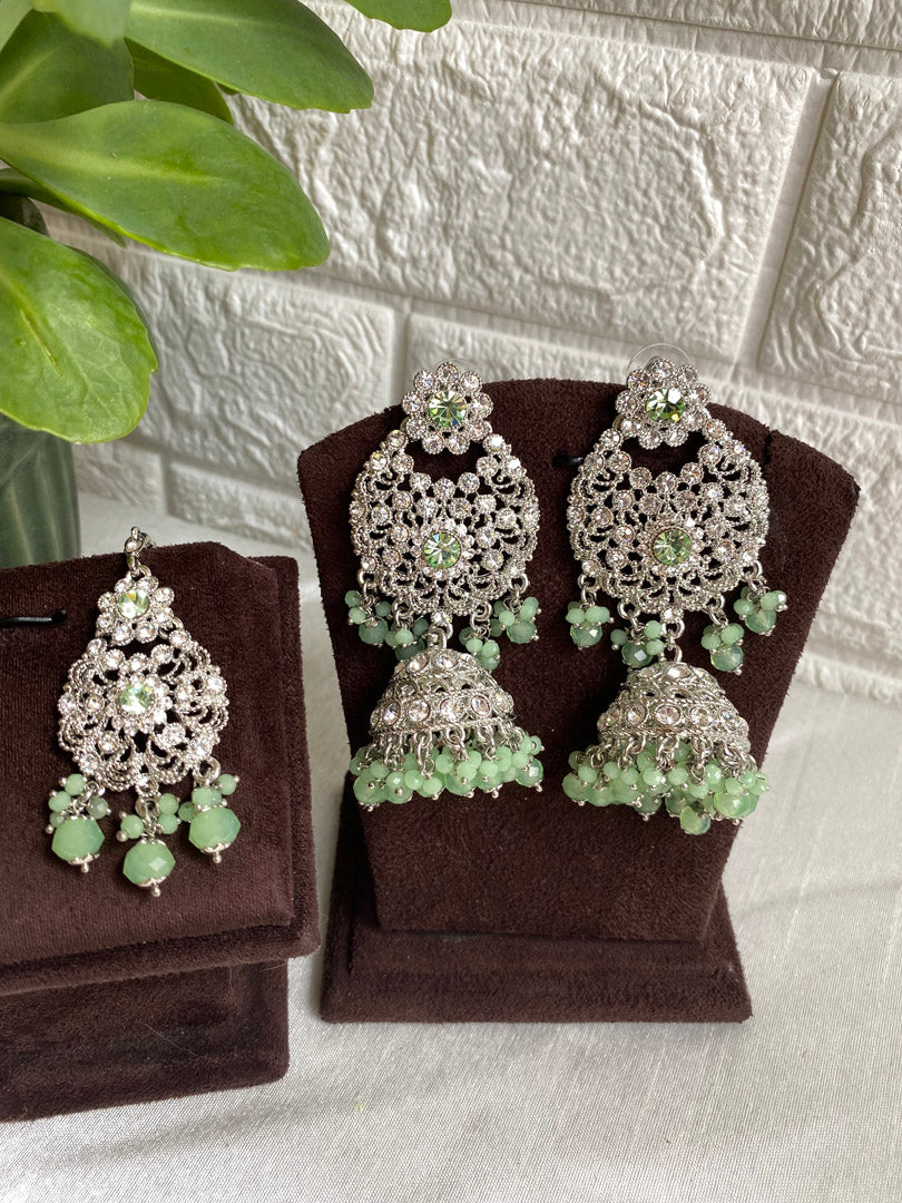 Jonaki Tikka Set- Silver Mint Green