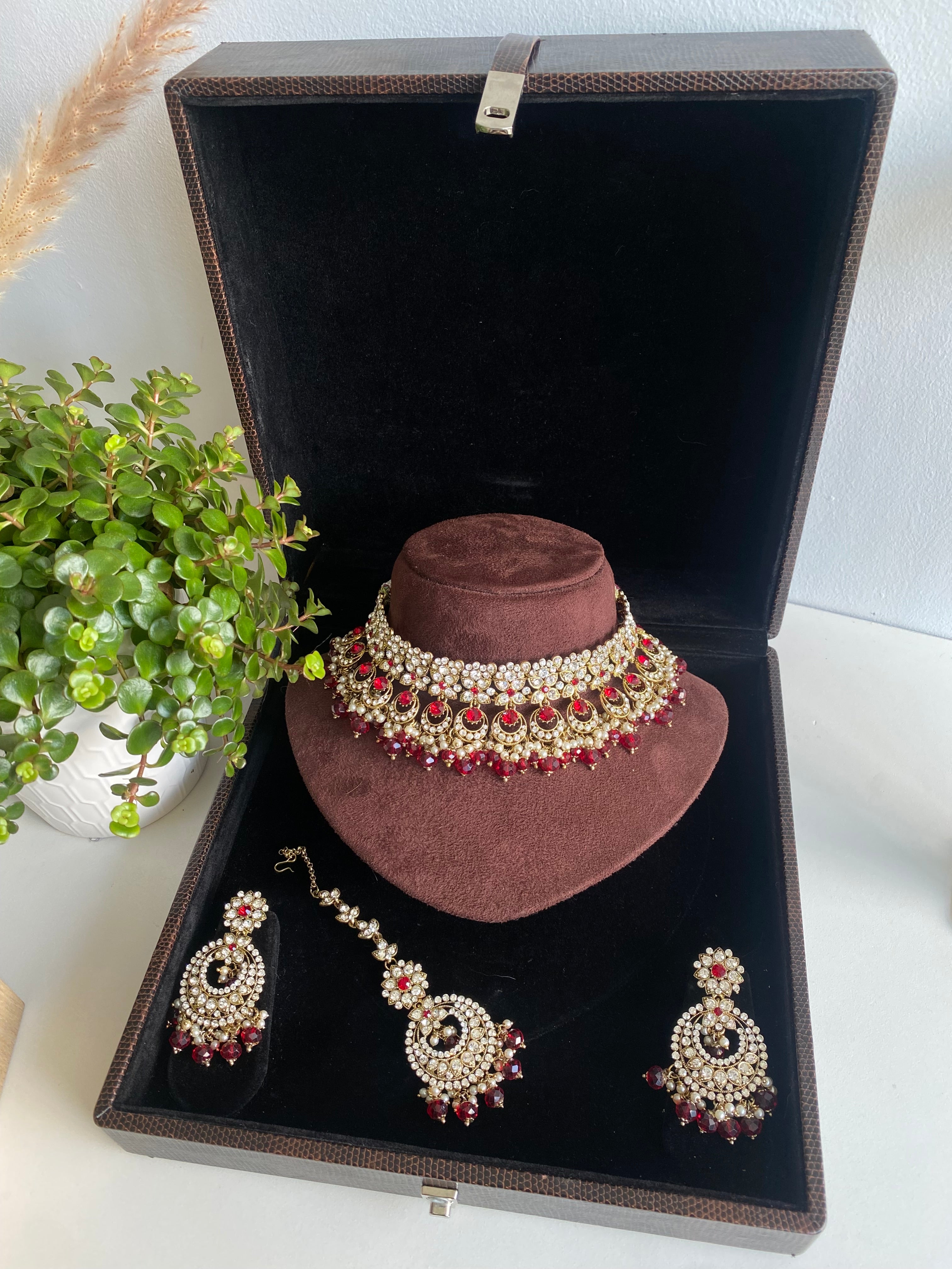 Beautiful Necklace set - Emily Gold with Maroon Beads