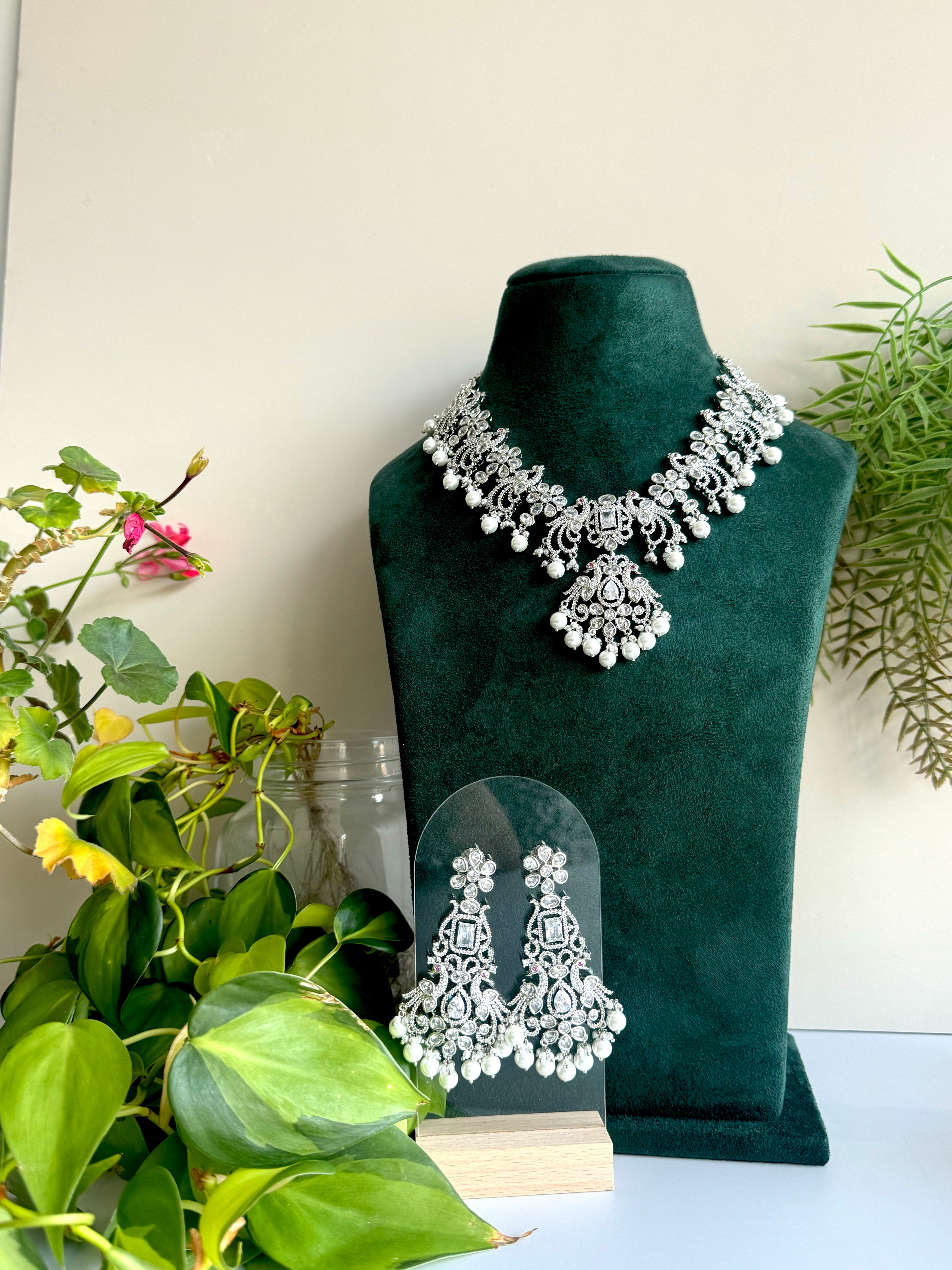 Festive Essentials - Rozana CZ silver bridal necklace and earring set with cubic zirconia stones