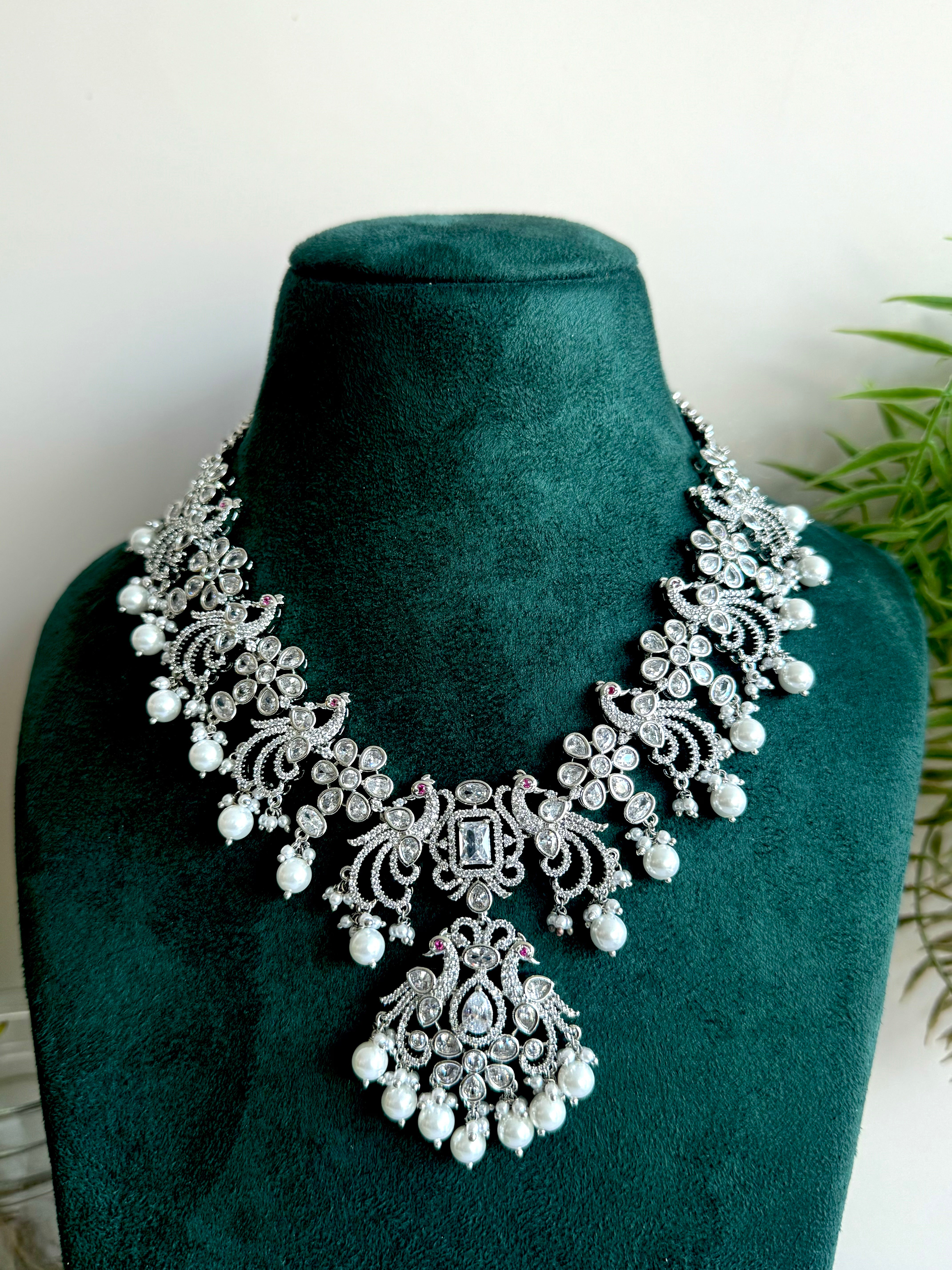 Festive Essentials - Rozana Set CZ silver bridal necklace and earring set with cubic zirconia stones