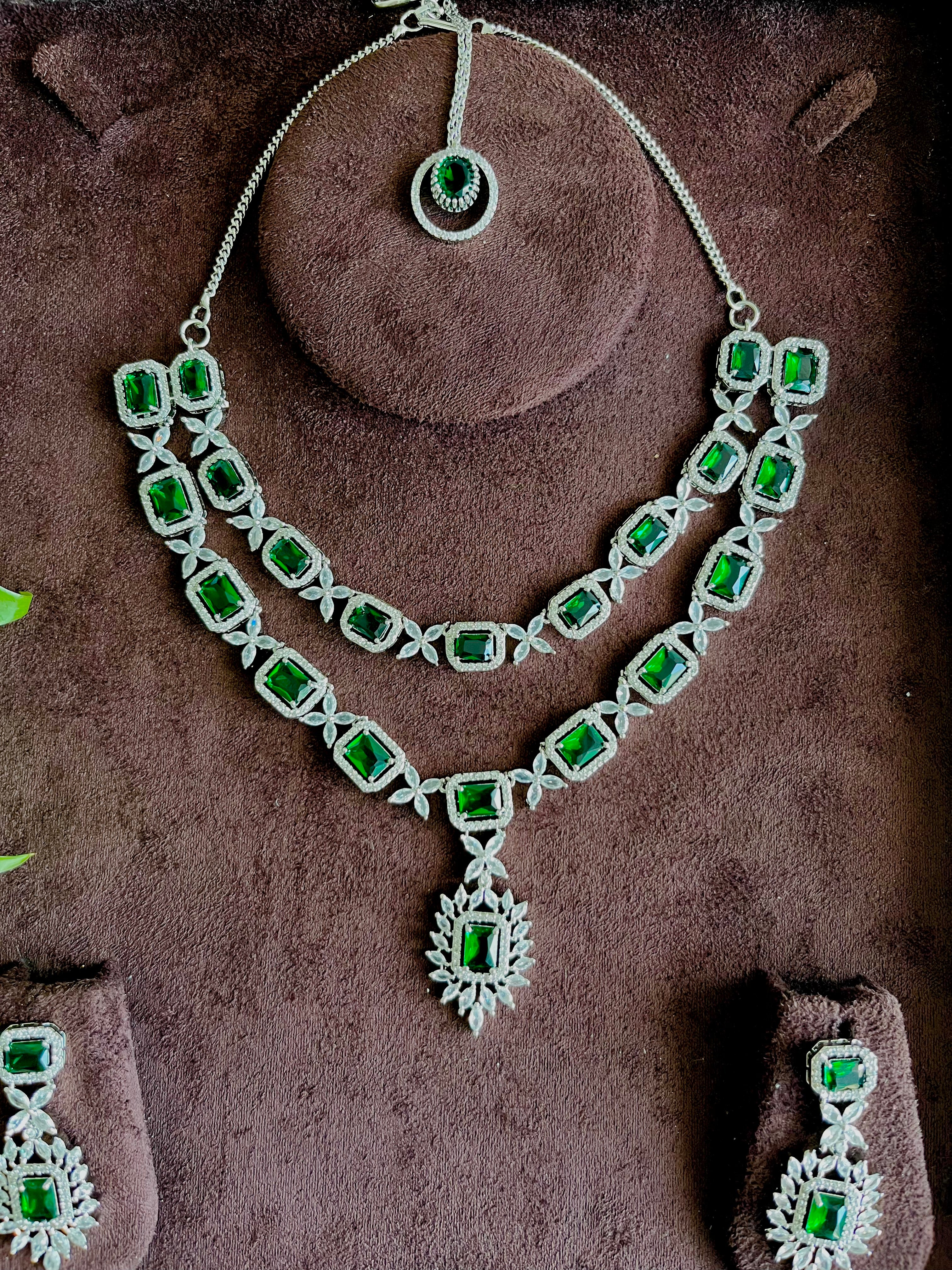 Festive Essentials - Yatri Set CZ silver bridal necklace and earring set with cubic zirconia stones