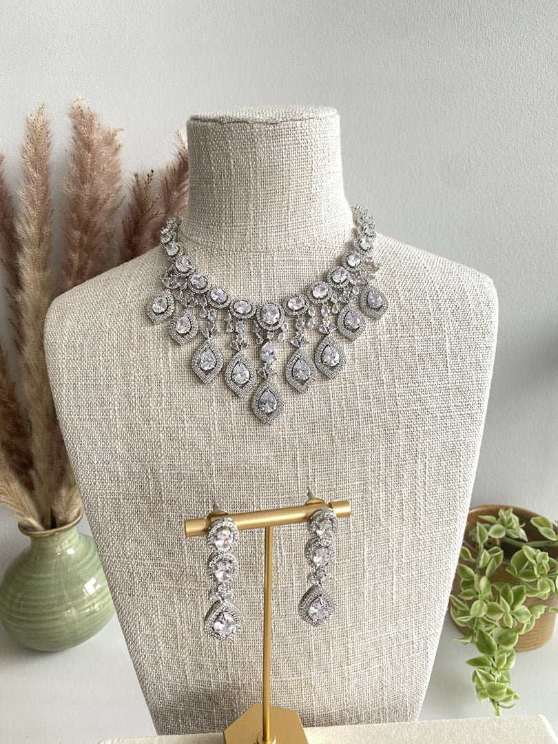Festive Essentials - Bani CZ silver bridal necklace and earring set with cubic zirconia stones