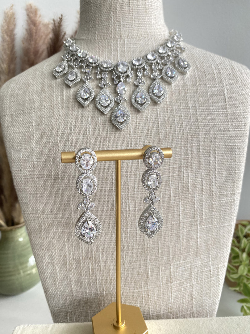 Festive Essentials - Bani CZ silver bridal necklace and earring set with cubic zirconia stones