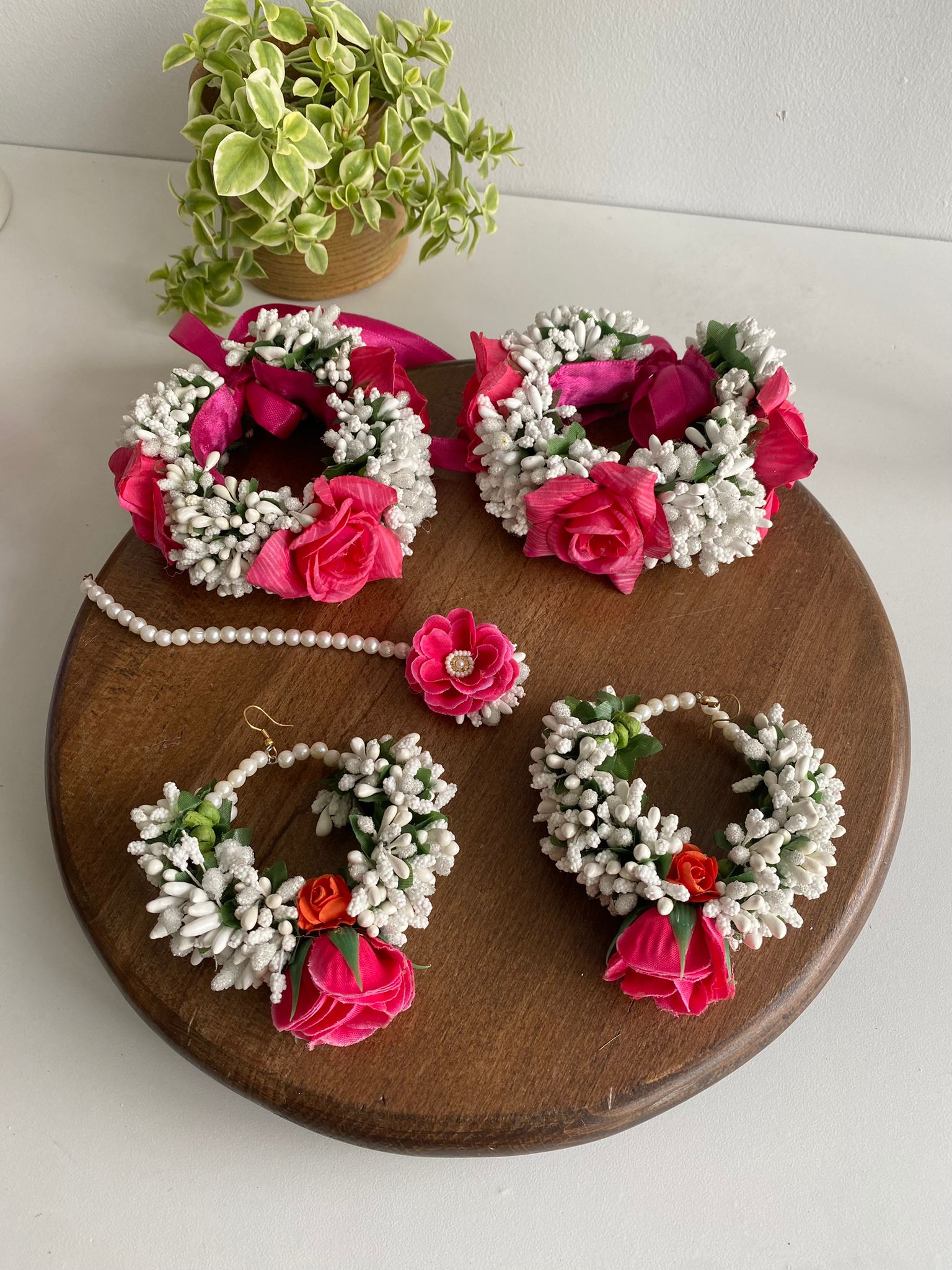 Floral Tikka-Earrings & Handsets-Pink rose & White