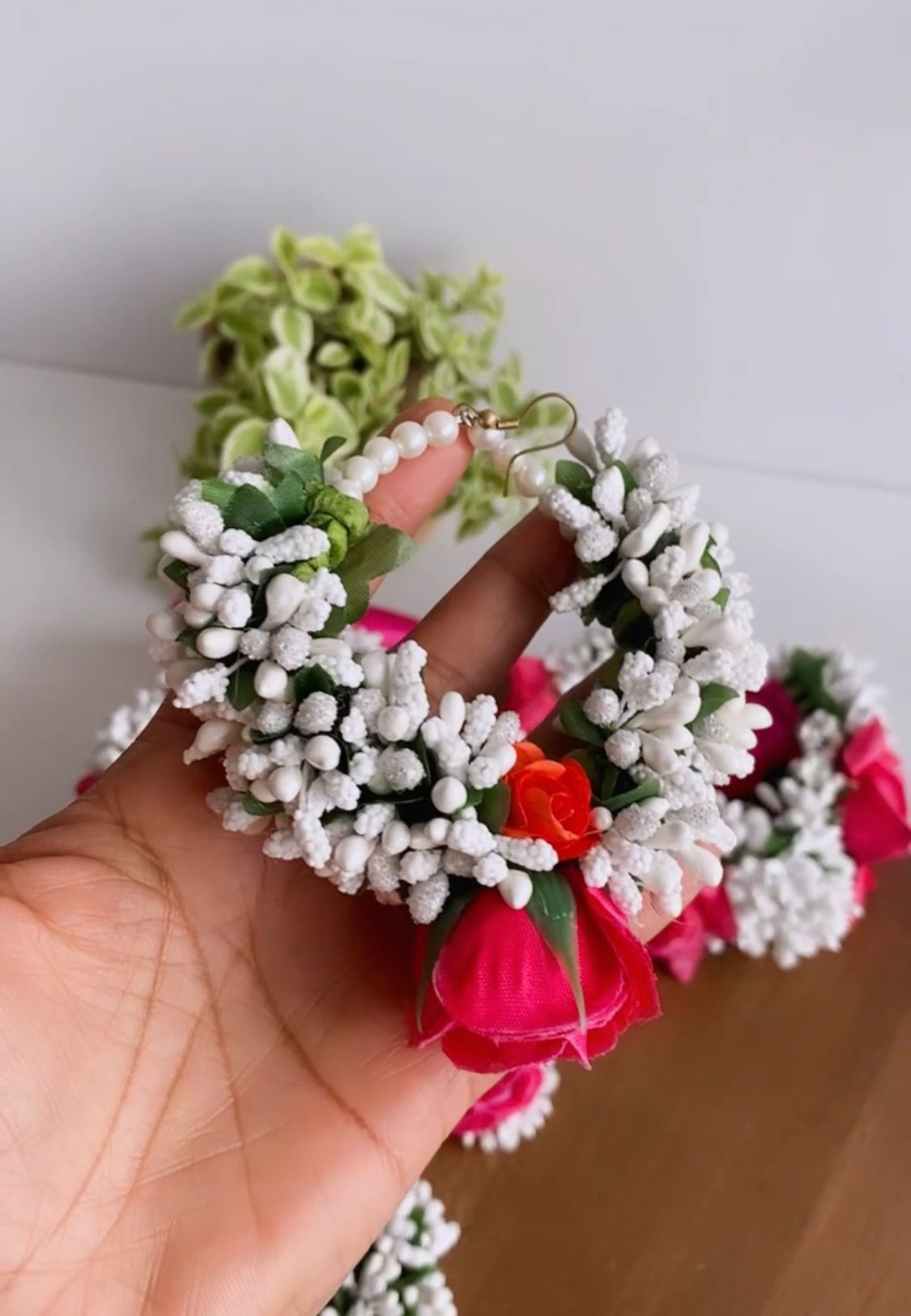 Floral Tikka-Earrings & Handsets-Pink rose & White