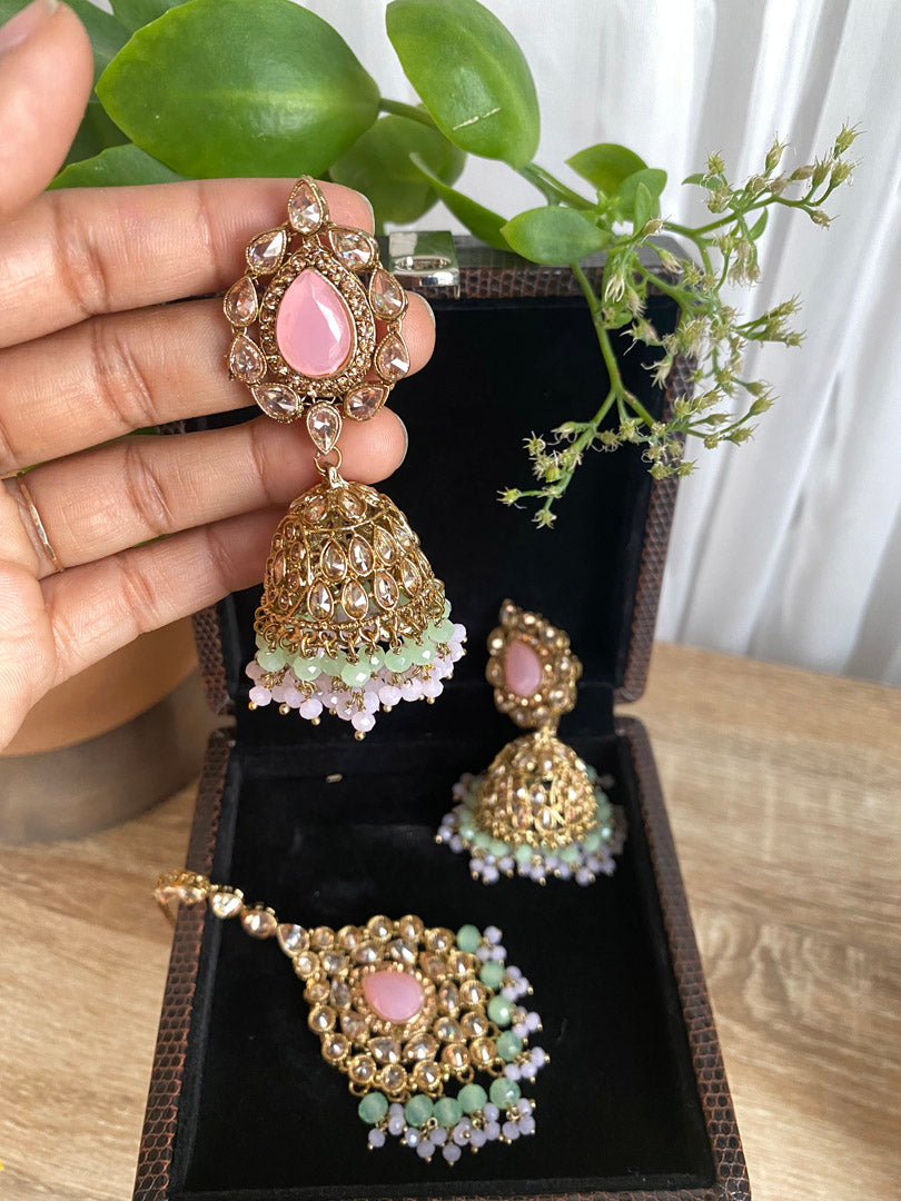 Sharmi Tikka and Earrings Set - Pink & Mint