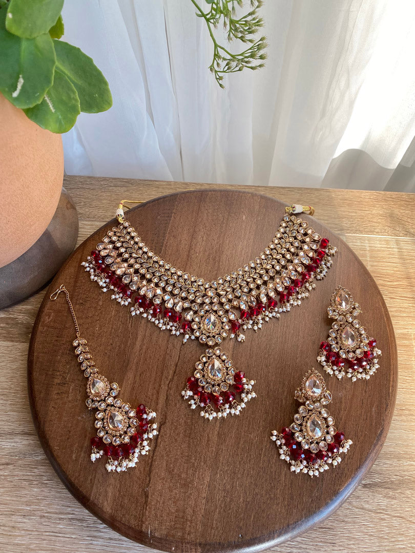 Festive Essentials - Our Natasha set is one of a kind because it is beautiful combination of many stone pattern and resulted in graceful bridal set. It comes with Necklace, Earrings, and Tikka with many color option. If you want any specific color other than mention above, and for any other inquiries please contact us on whatsapp at +1(313)7271045.