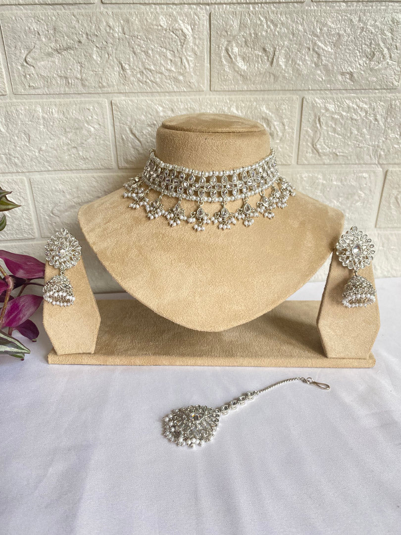 Silver with White Beads and Clear Stone - Zaima Choker Set